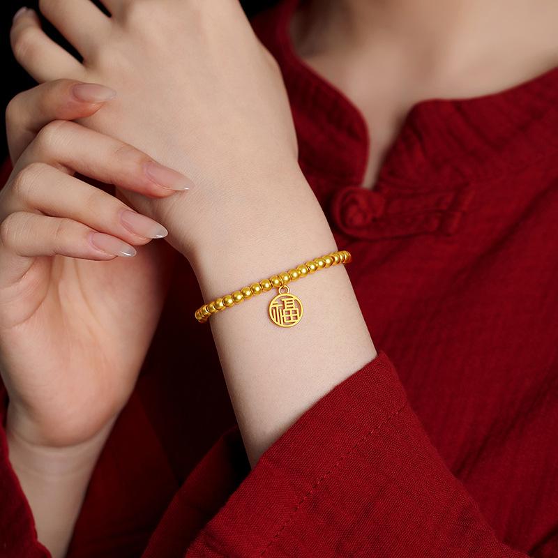 Authentic Vietnam Placer Gold Liangshihuan Ancient Style Tin Gold Bracelet Heritage Lotus Seedpod Lucky Beads Blessing Card Non-Fading Bracelet 2