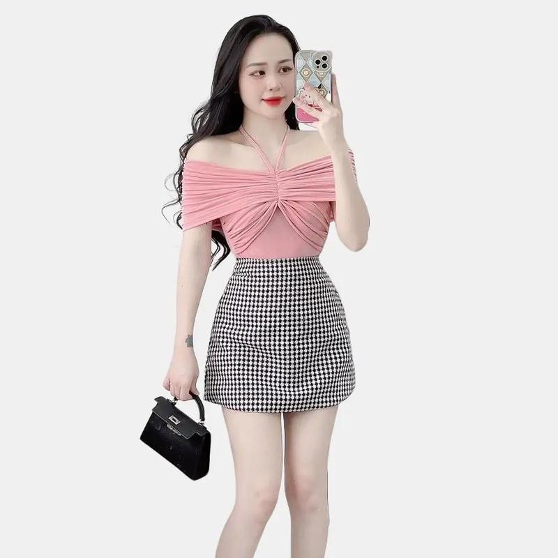 Áo thun kiểu bẹt vai chất thun nhũ freesize<57kg Nữ Women Top Sơ Mi 0