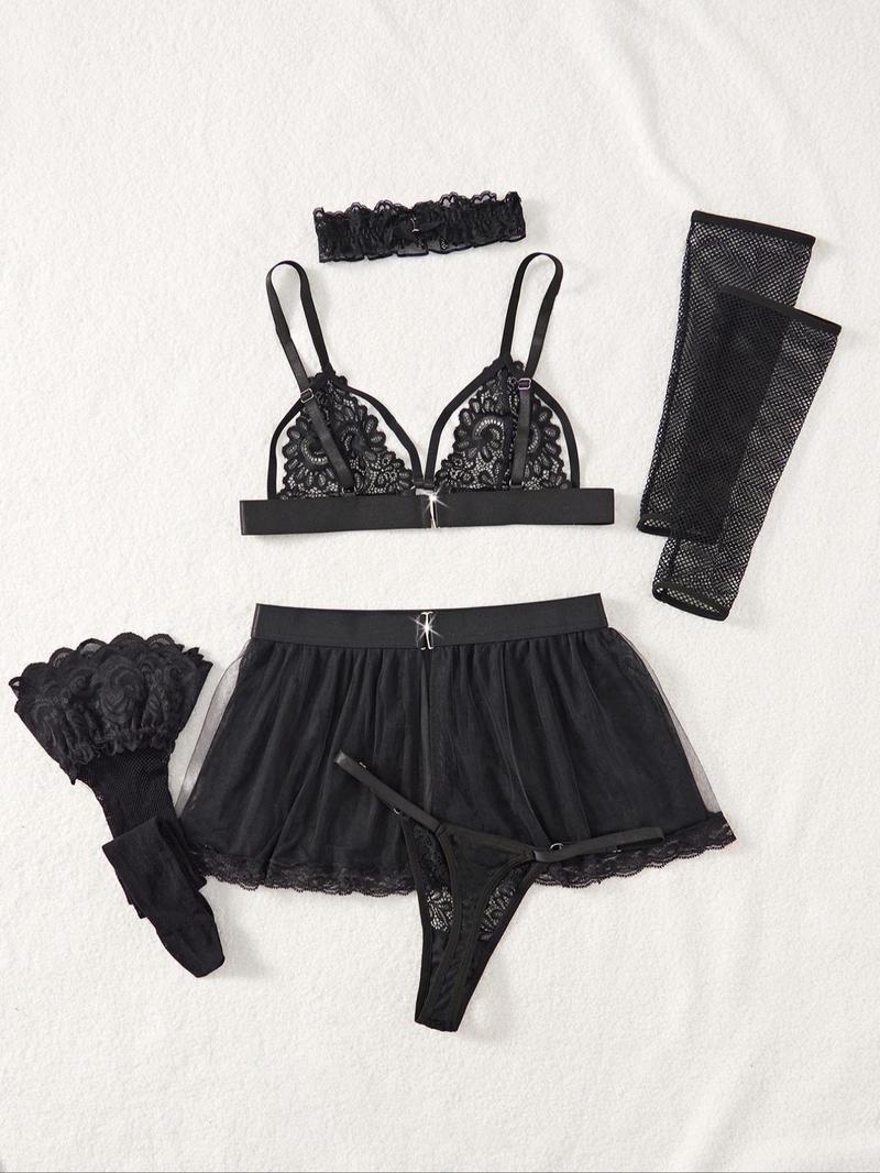 Product Introduction of Women's Floral Lace Sheer Sexy Lingerie Set, Adjustable Strap Ring Linked Bra & Thong & Skirt & Sleeves & Choker & Stockings, Lingerie Set for Women 9