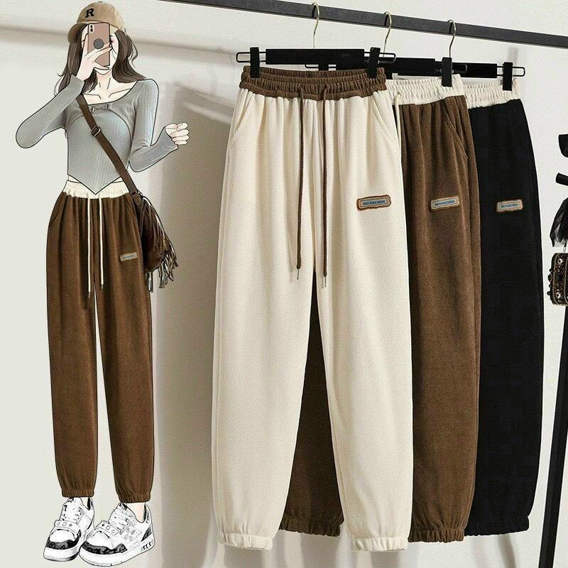 Quần Nỉ Boom Hạt Gạo Bo Gấu Cạp Cao Rút Dây Logo Thêu Pants Nữ