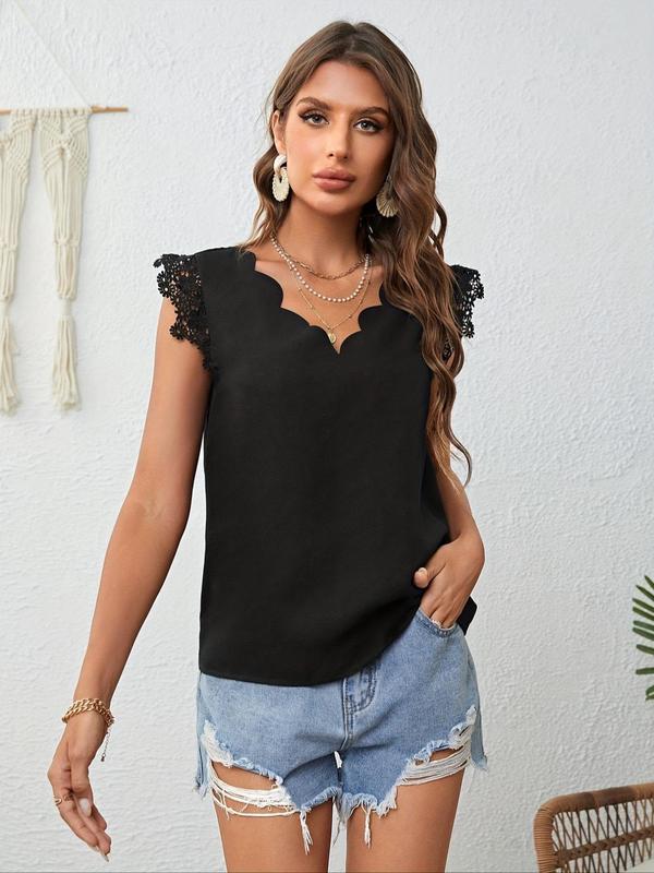 Women's Lace Trim  V Neck Blouse, Casual Cap Sleeve Top for Spring & Fall, Women's Clothing for Daily Wear 4