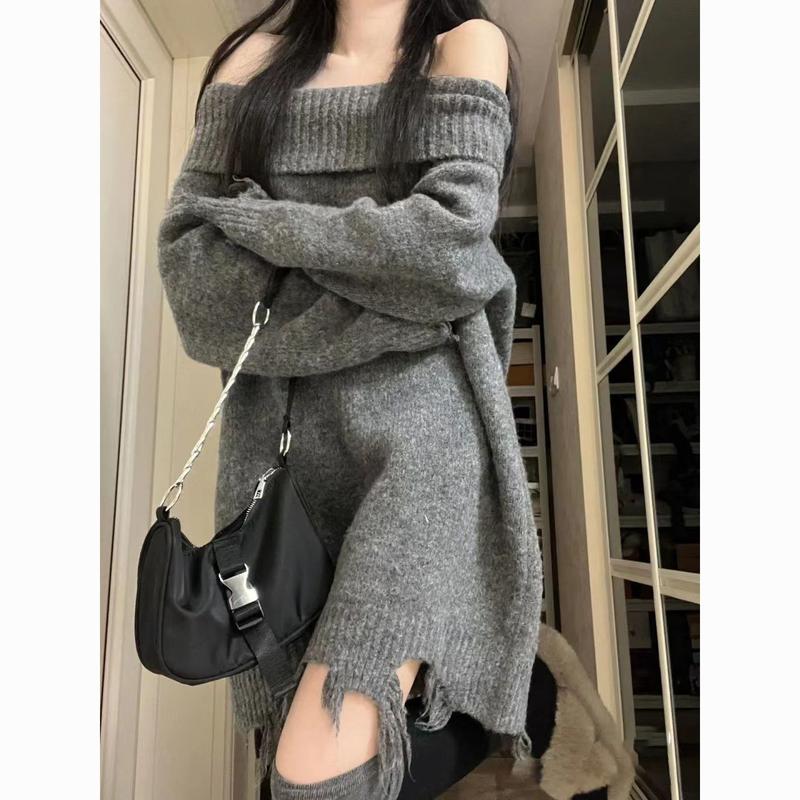 Áo Len Rách Trễ Vai Cho Nữ, Phong Cách Thường Ngày, Mùa Thu Và Mùa Đông, Áo Len Trễ Vai Dáng Rộng Giảm Béo Mới, Áo Dễ Thương Và Gợi Cảm