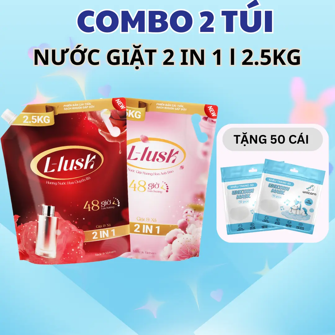 [ TẶNG 50 CÁI 5D ] Combo 2 túi nước giặt xả 2in1 L-Lusk 2,5kg , Lưu hương 48h Làm Sạch