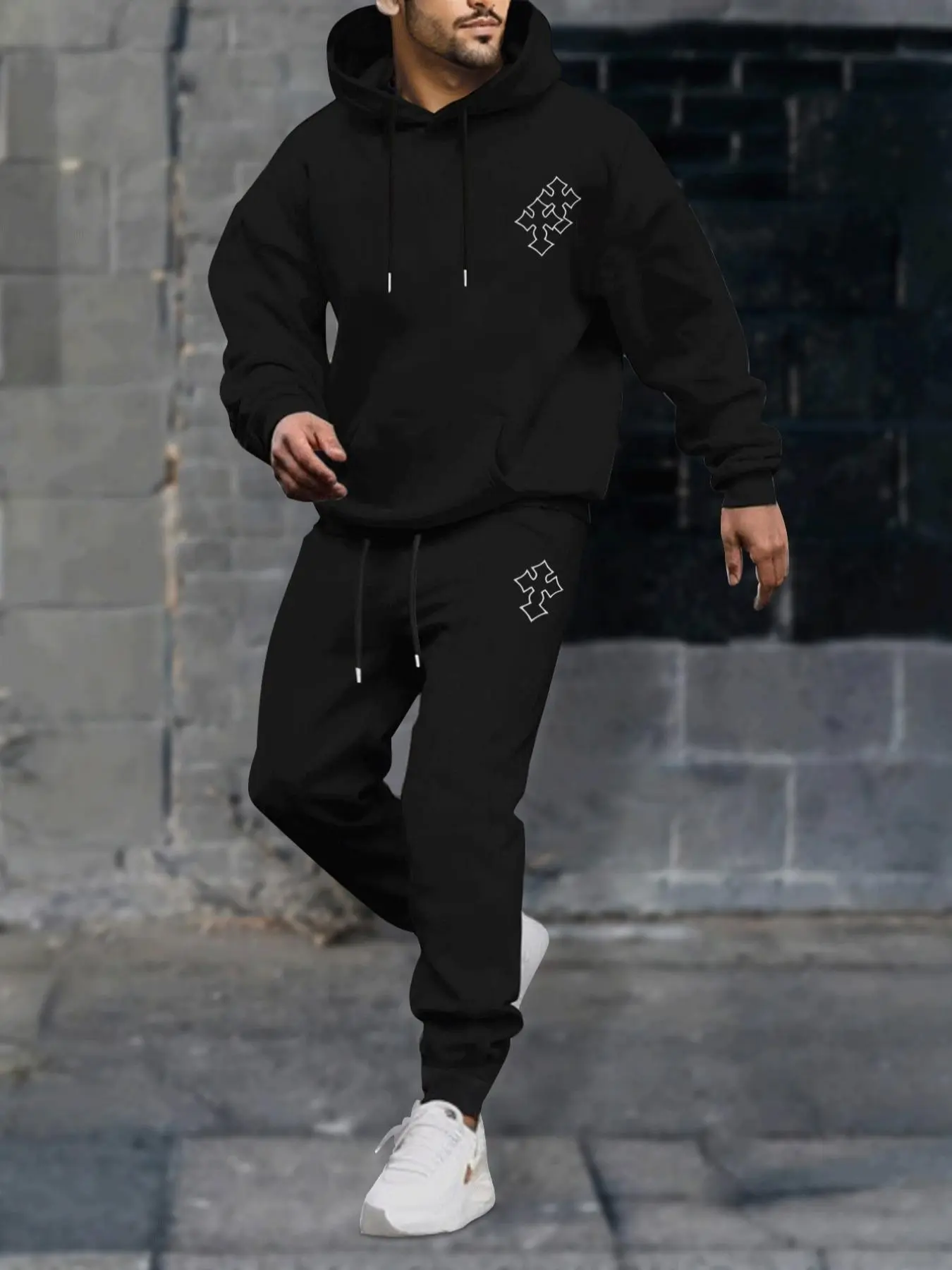 Men's Cross Print Drop Shoulder Pocket Hoodie & Drawstring Waist Sweatpants Two-piece Set, Casual Fashion Cozy Breathable Two Piece Outfits for Daily Outdoor Wear, Men Clothes for Fall & Winter