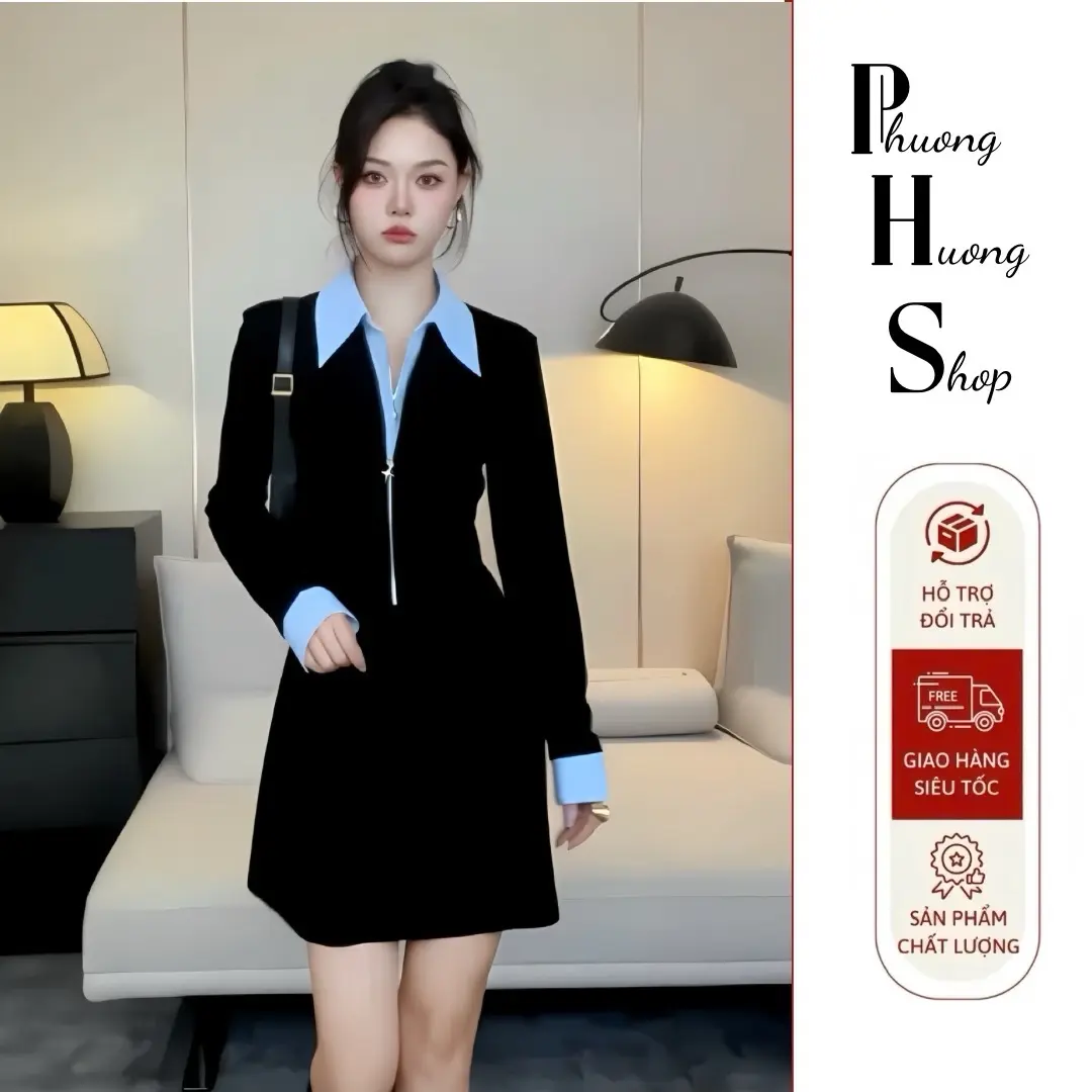 Đầm váy B6 đen phối xanh dáng ngắn thanh lịch