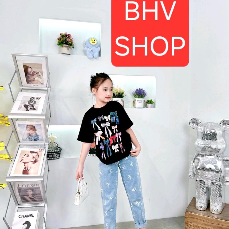 set jean dài nơ trắng đen dành cho bé gái 3