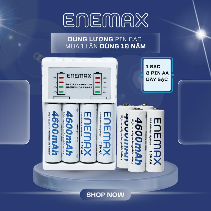 [Chính hãng] Combo 1 sạc + 8 pin AA 4600mAh Pin sạc Nhanh Enemax Chính Hãng, Sạc nhanh 1.5v, Pin dùng cho mic hát karaoke, đồng hồ, đồ chơi trẻ em, phụ kiện. An toàn, tiết kiệm, bảo vệ môi trường
