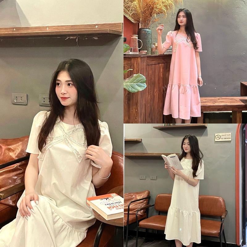 Váy bầu dáng suông đuôi cá đính nơ điệu đà,thiết kế Lachic v34