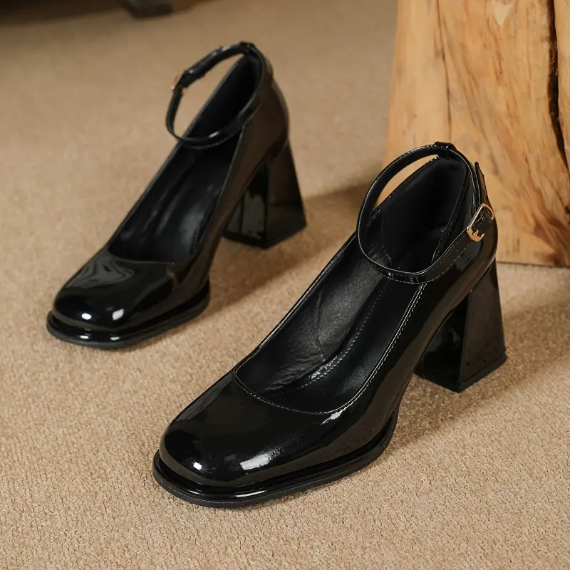 2024 New Women's Glossy Black Mary Jane Heels - Chunky Mid Heel, Square Toe, Slip-Resistant Rubber Sole, Synthetic Cover for Fall Fashion & Professional Wear, Cute Heels, Formal Occasions, Elegant Design, Durable Construction, Stylish Shoes  Girl Classy 5