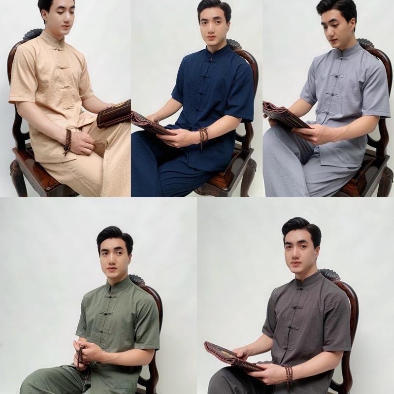 Set pháp phục đồ lam đi chùa cộc tay Nam cao cấp -Pháp Phục Hà Anh