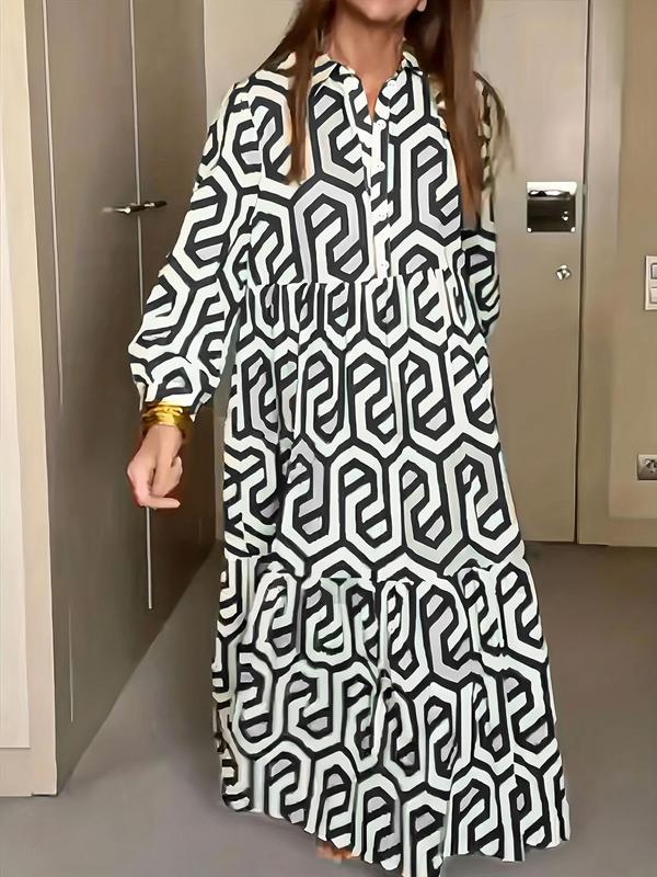 Plus Geometric Print Long Sleeve Button Front Midi Dress, Casual All Over Print Collared Button Loose Dress For Spring & Fall, Fashion Women's Dress For Daily Wear 4