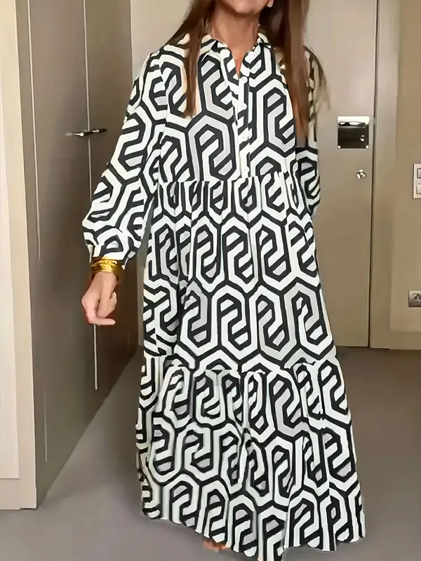 Plus Geometric Print Long Sleeve Button Front Midi Dress, Casual All Over Print Collared Button Loose Dress For Spring & Fall, Fashion Women's Dress For Daily Wear 4