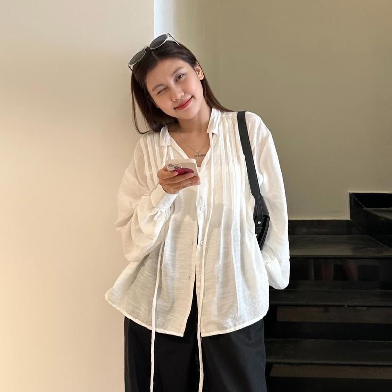 Áo sơmi trắng chất liệu linen chỉ - Hany Shirt Trắng Top Nữ