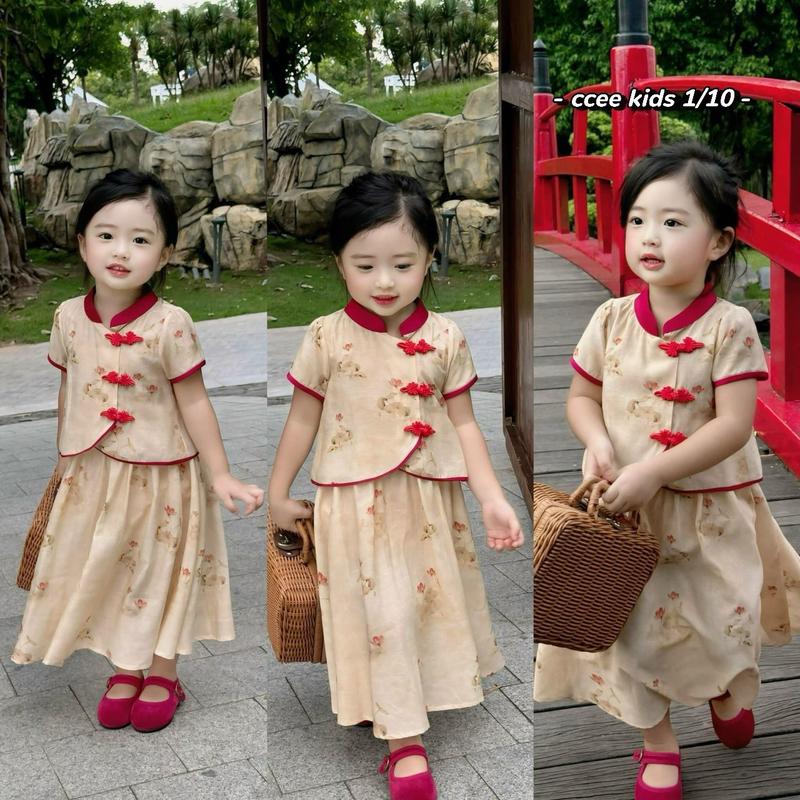 Set Áo Cổ Tàu Kèm Chân Váy Hoa Cho Bé Gái