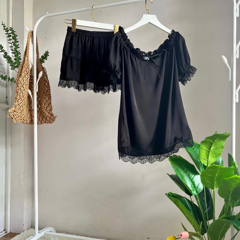 Bộ Đồ Ngủ, Áo Cổ Bèo Tay Ngắn Quần Ngắn Cho Nữ, Chất Liệu Lụa, Mền, Mịn Mát, TN02 Women Trắng macnha  set 5