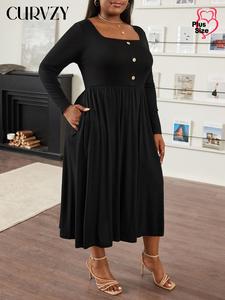 CURVZY Plus Size Plain Fake Buttons Pocket A Line Dress, Elegant Square Neck Long Sleeve Dress for Daily Wear, Women's Clothes for Fall