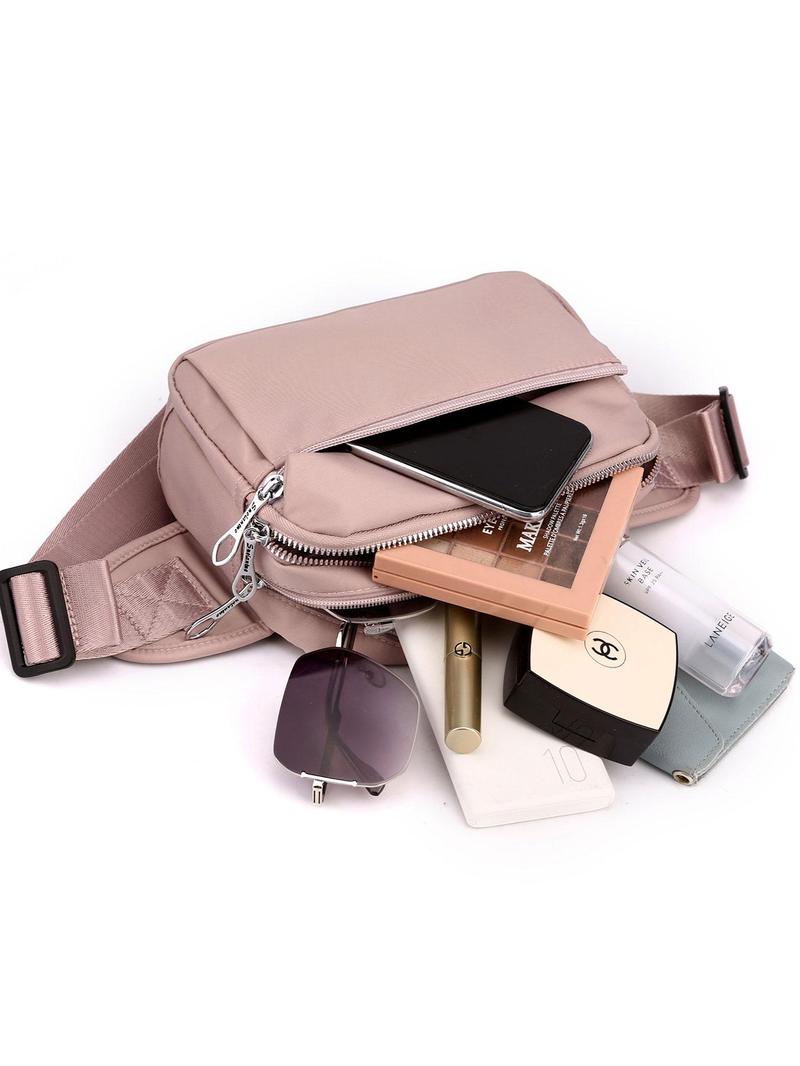 Product Introduction of Women's Fashionable Letters Patched Fanny Pack, Casual Solid Color Zipper Chest Bag for Daily Used, Multi-layer Zipper Fanny Pack 6