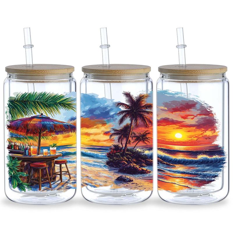 Product Introduction of Summer Sunset Pattern UV DTF Cup Sticker, 5 Counts/set Waterproof UV DTF Sticker, Decorative Sticker for 16oz Glass Cup, DIY, Furniture, Crafts 7
