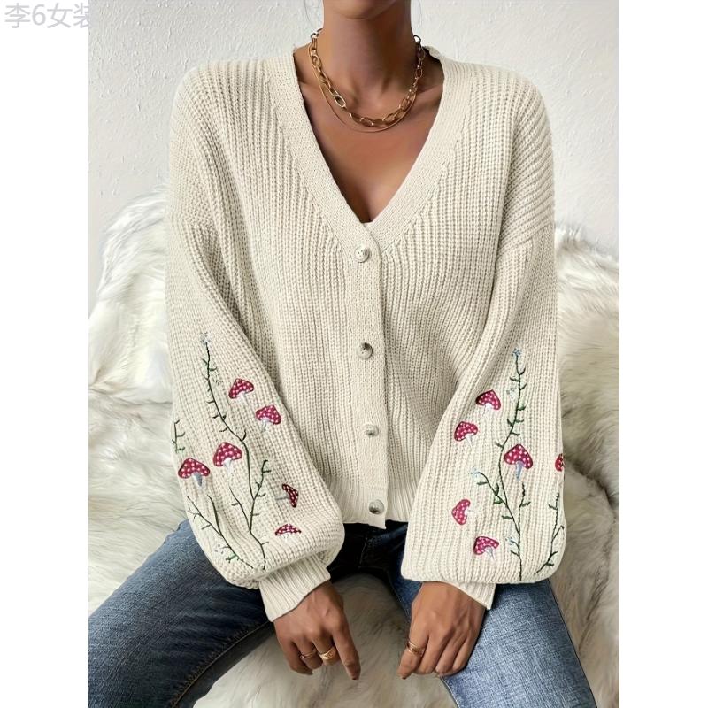 TikTok Shop Plus Size Mushroom Embroidered Cardigan Casual V Neck Lantern Sleeve Button Cardigan For Fall Winter Women s Plus Size Clothing Collar Fabric