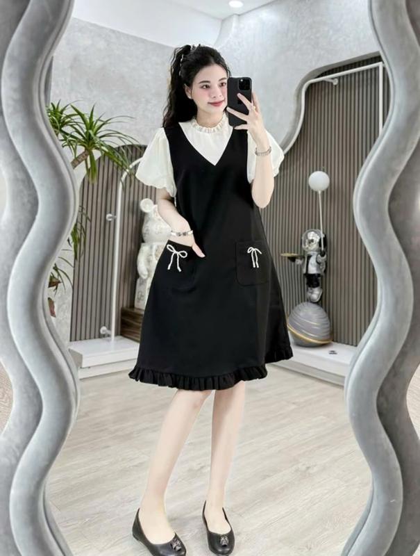  Đầm bầu dáng suông chân bèo phối tay voan tay ngắn lồng đèn Lachic V76 - Váy Bầu 