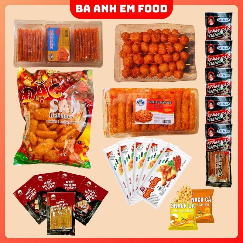 Combo BÁNH PÒ Ba Anh Em Food 4 Món Bánh Pò Kèm 5 Snack Nem Tôm 5 Tăm Cay Đen 5 Snack nem nướng phên 2 Cá Viên Chiên Đồ Ăn Tuổi Thơ Ăn Vặt Việt Nam Thức Ăn
