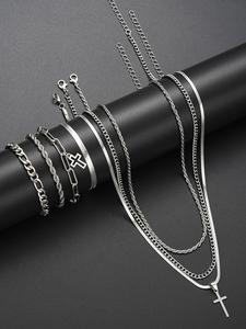 Set de Pulseras y Collar de Cadena Hip Hop, 7 piezas con Dije de Cruz para Hombres y Mujeres, Ideal para Decoración de Ropa de Fiesta, Conjunto de Joyería Combinable y Exquisito para Regalo de Cumpleaños