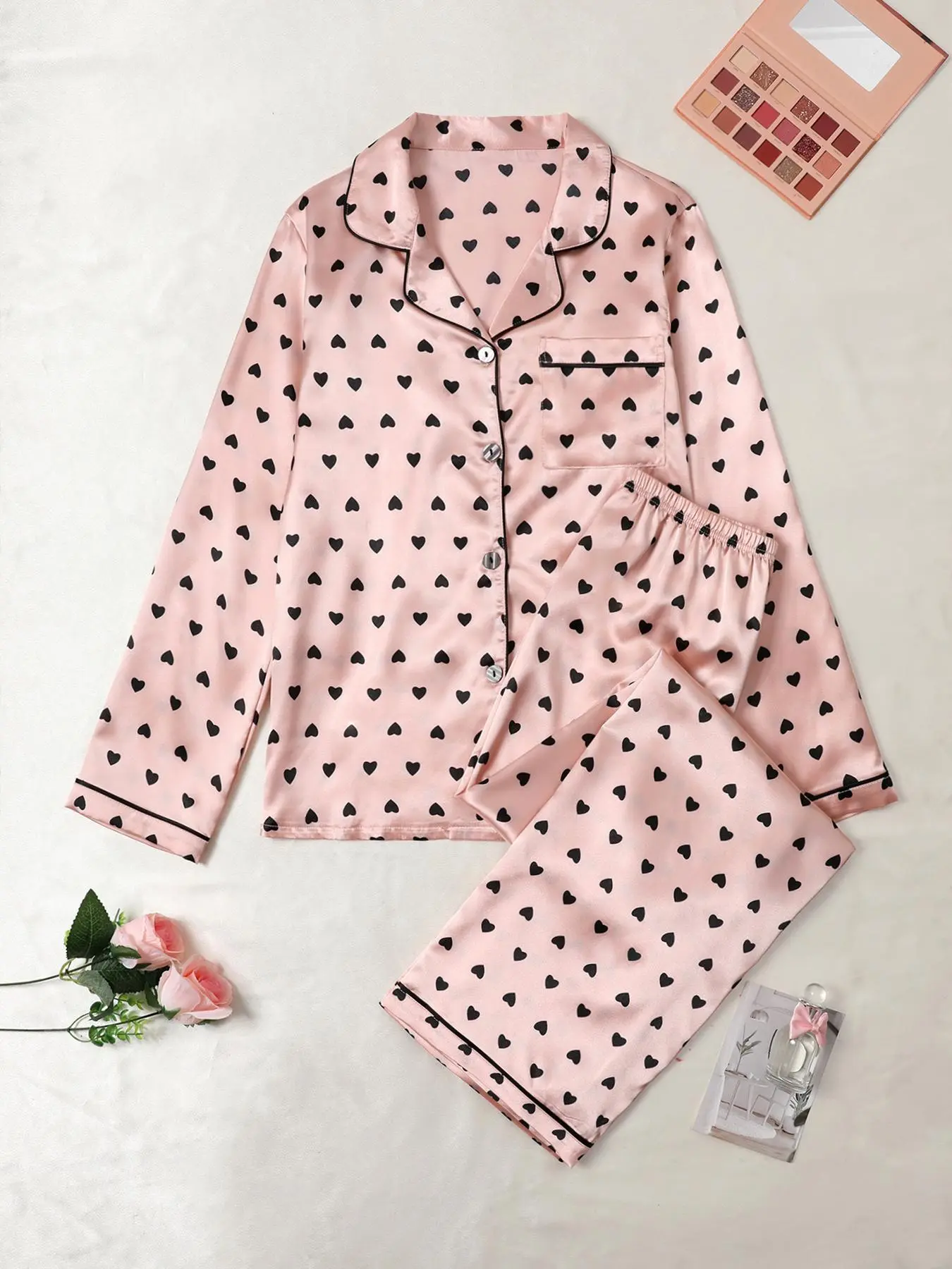Women's Heart Print Pajama Set, Long Sleeve Button Up Top & Elastic Waist Pants Pajama Set, Women's Sleepwear for All Seasons