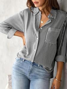 Camisa de mujer con botones y estampado de rayas, Camiseta informal de manga larga con cuello y bolsillos para el día a día, Conjuntos de verano 2024, Ropa de mujer para todas las temporadas, Ropa para el día de la independencia