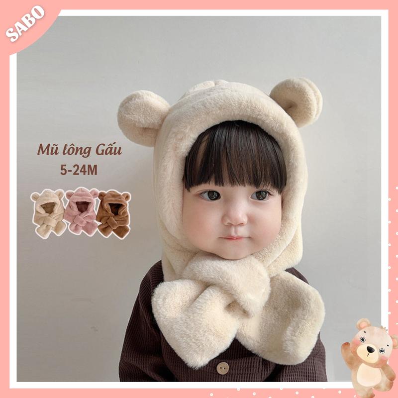 Mũ Nón Liền Khăn, Mũ Len Lông TAI GẤU Mềm Mại Đáng Yêu Giữ Ấm Cho Bé 5-24M Hàng QCCC