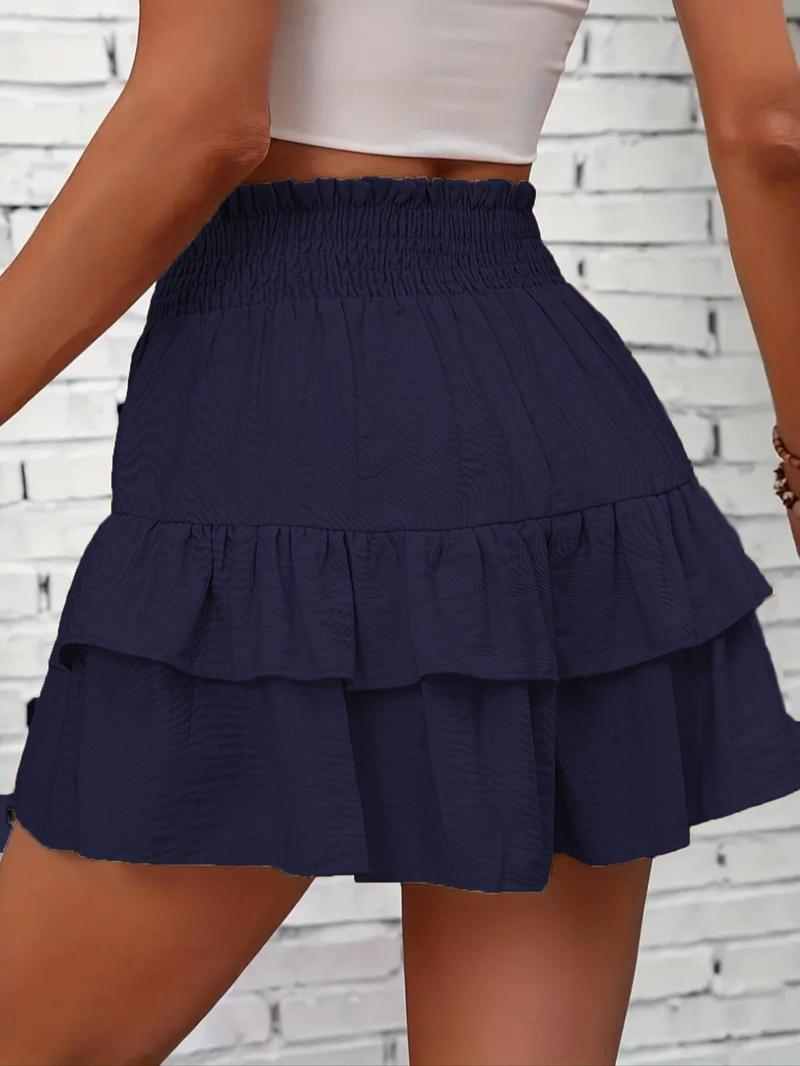 Product Introduction of Women's Frill Trim Ruffle Hem Shirred High Waist Shorts, Boho Casual Tiered Layer Shorts for Spring & Summer, Summer Shorts for Women, Back To School, Ladies Elegance Minimalist Shorts, Wide Leg Shorts for Women, Ruffle Shorts 15