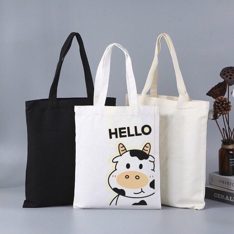 Túi tote Pilu vải thô hoạ tiết bò sữa đeo vai có khoá miệng phong cách Hàn Quốc cho nữ - Bag 1