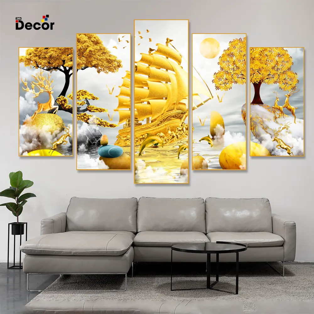 Tranh Thuận buồm xuôi gió- Tranh gỗ TRÁNG GƯƠNG dán tường bộ 5 tấm- Trang trí Decor phòng