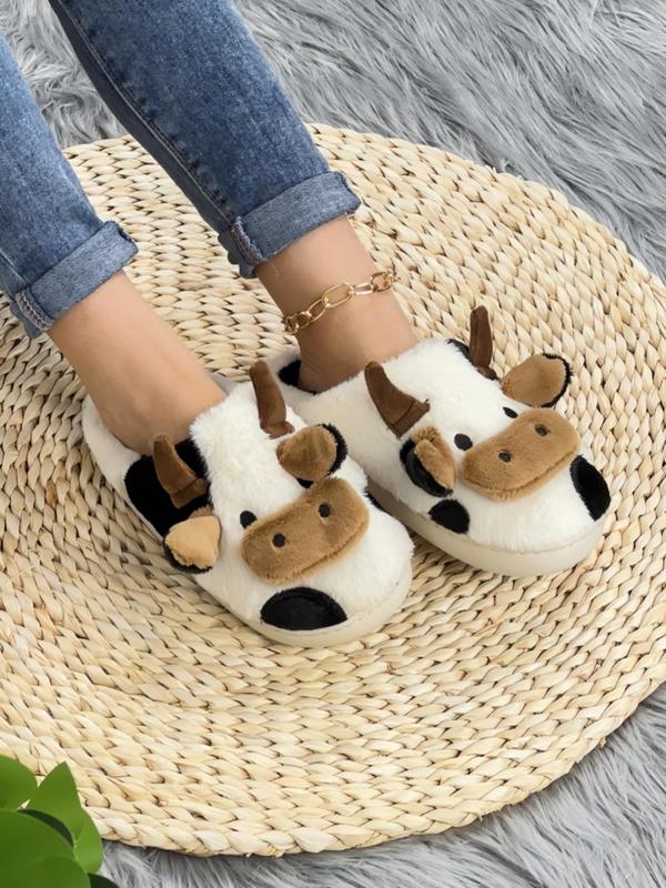 Women's Cute Cow Design Plush Slippers, Warm Bedroom Slippers for Winter, Silent Anti-slip Slippers for Daily Used 1