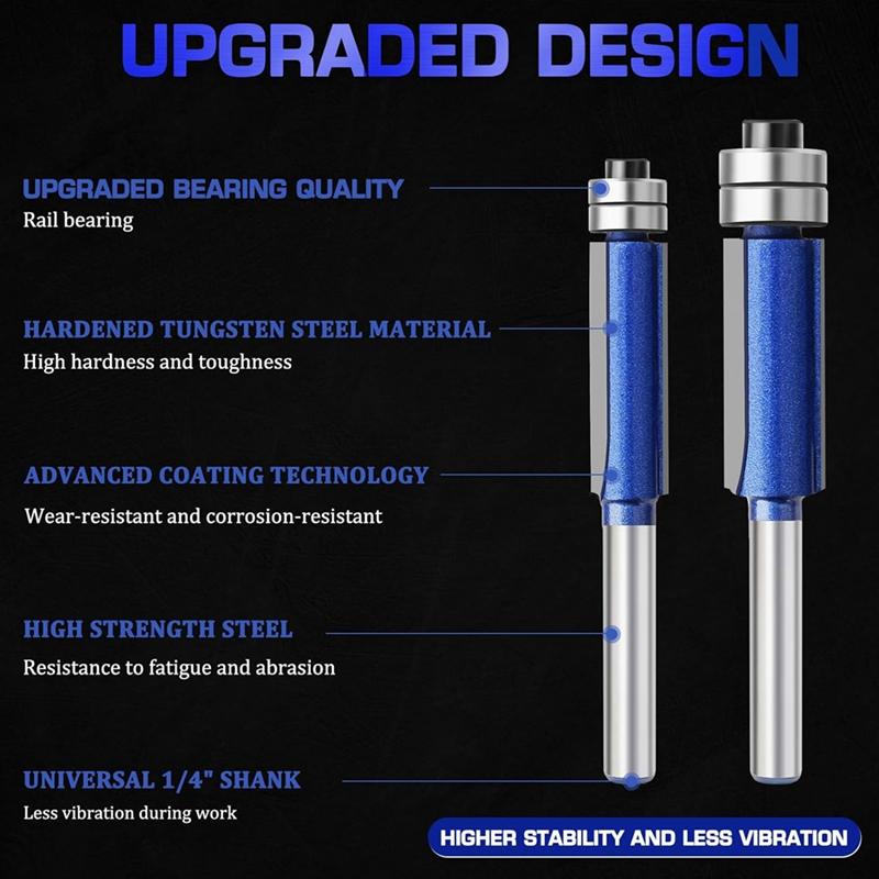 4PC Straight Router Bits1/4 Inch Shank,Bottom Top Bearing Flush Trim Router Bit Set Flush Cut Router Bit for Woodworking 2