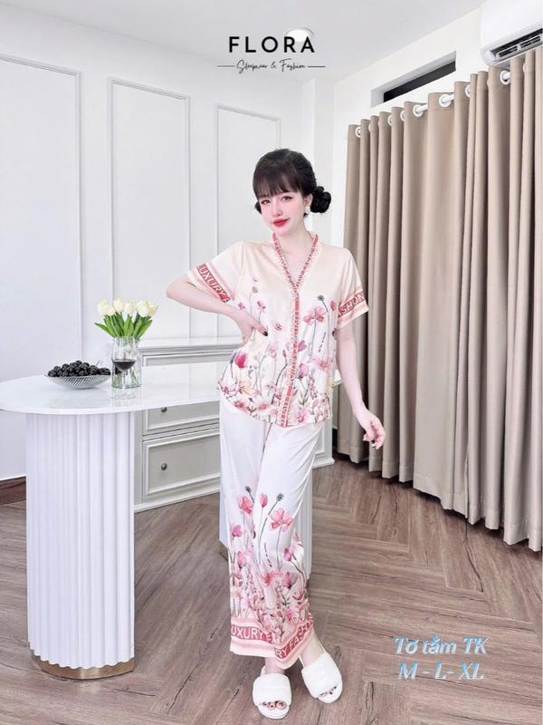 Đồ bộ nữ pijama lụa cao cấp mềm mịn, set đồ ngủ thiết kế họa tiết sang xinh FLORA 1