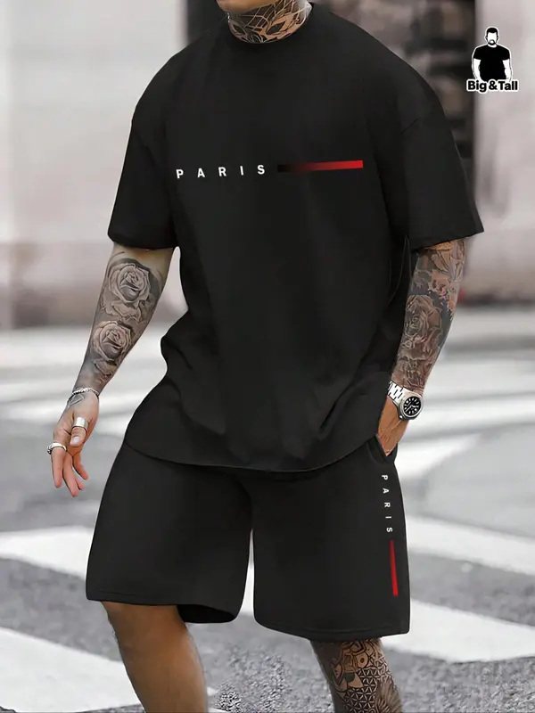 Men's Plus Size Letter Print Short Sleeve Tee & Pocket Shorts Set, Regular Fit Round Neck T-Shirt & Track Shorts, Casual Fashion Cozy Breathable Men Two-Piece Outfits For Summer, Clothes 0