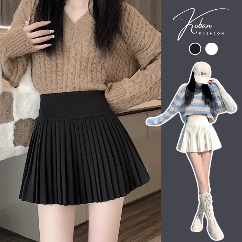 [KB05] Chân váy ngắn xếp ly KOBAN chân chữ A xòe Midi cao cấp, mặc đi chơi, dáng tennis màu đen trắng Nhung Nữ Lịch Voi Women Cạp Cao