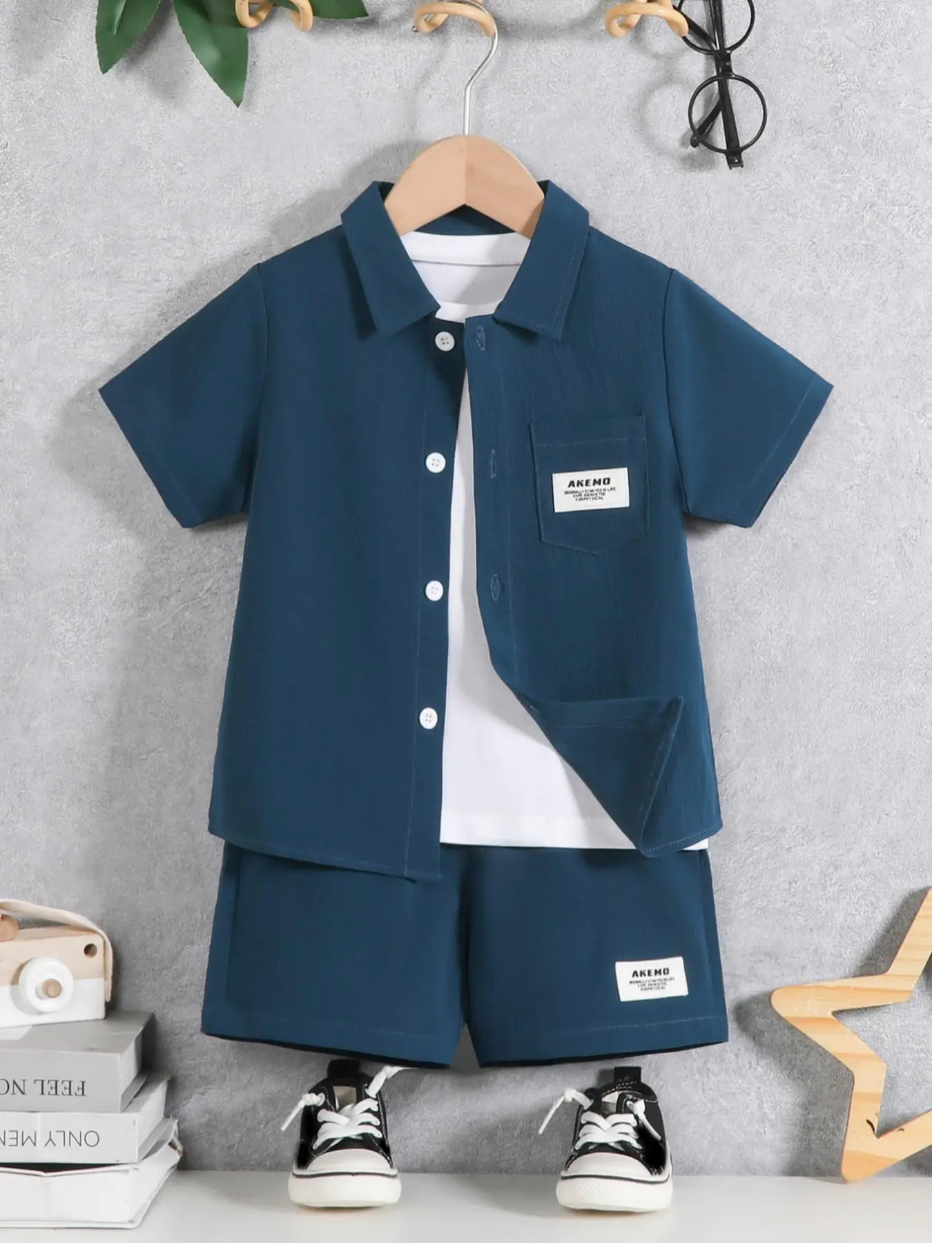 Toddler Boy's Letter Patched Button Front Shirt & Elastic Waist Shorts Set, Casual Short Sleeve Collared Top & Pocket Shorts, Kids Summer Outfits
