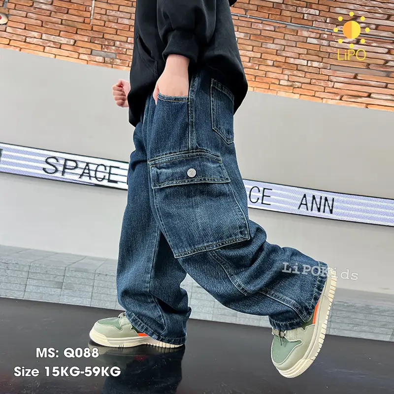Quần jean bé trai bé gái Quần bò cho bé cá tính Quần jean trẻ em túi hộp phong cách Hàn Quốc phom rộng thụng 3 4 5 6 7 8 9 10 tuổi Bigsize 15-55kg Q088 Lipokids 1