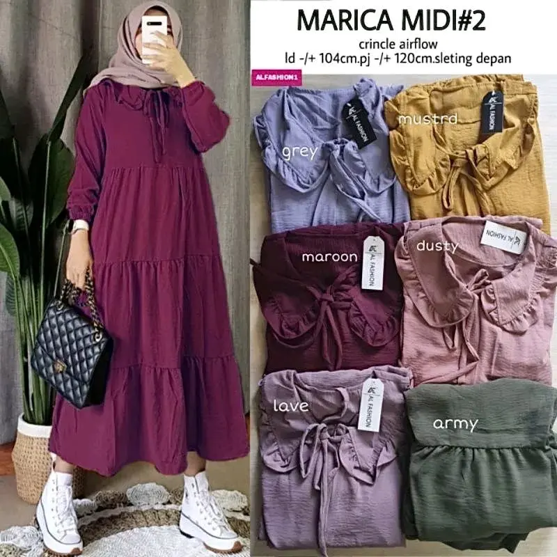 Gamis Midi Dress Rempel Ruffle Susun Crinkle Airflow Premium Muslim Wanita Nyaman Panjang Balon Variasi Remaja Motif Kondangan Gaun Lebaran 2