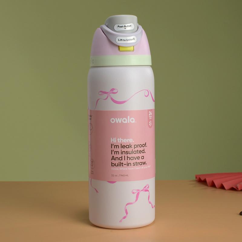 Product Introduction of Limited edition Owala FreeSip Insulated Stainless Steel Water Bottle 32 Oz Leakproof  Lid for Gym Sports Travel Dreamy Field Blue/Pink Bows, Girlhood, Dear Diary, Luck, Sukura, Valentine Pink 2