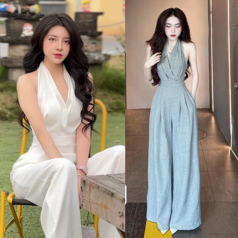 Set jumpsuit dài cổ yếm ống rộng Y25 Nữ Women Voi Ong Chấm Bi Đen Kem