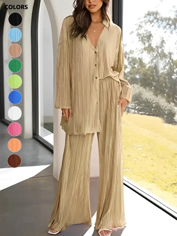 Women's Solid Textured Button Front Top & Flare Leg Pants Set, Casual Long Sleeve Top & High Waist Trousers, Women's Spring & Fall Clothes, Womenswear 2