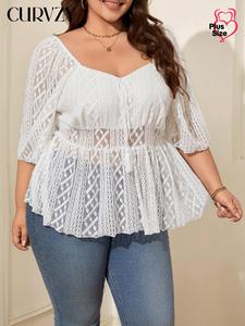 【Plus Size】 CURVZY Plus Size Plain Lace Sheer Blouse, Casual 3/4 Sleeve Top for Daily Wear, Women's Plus Clothing for All Seasons
