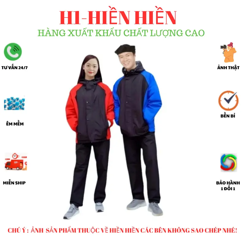 1 bộ áo mưa 4 lớp kiêm áo gió dành cho nam nữ, cao cấp có dây rút mũ, 3 túi có khóa, gồm 1áo+1quần,  siêu chống nước dành cho người lớn và cho bé mũ liền thân - ĐEN 1 1