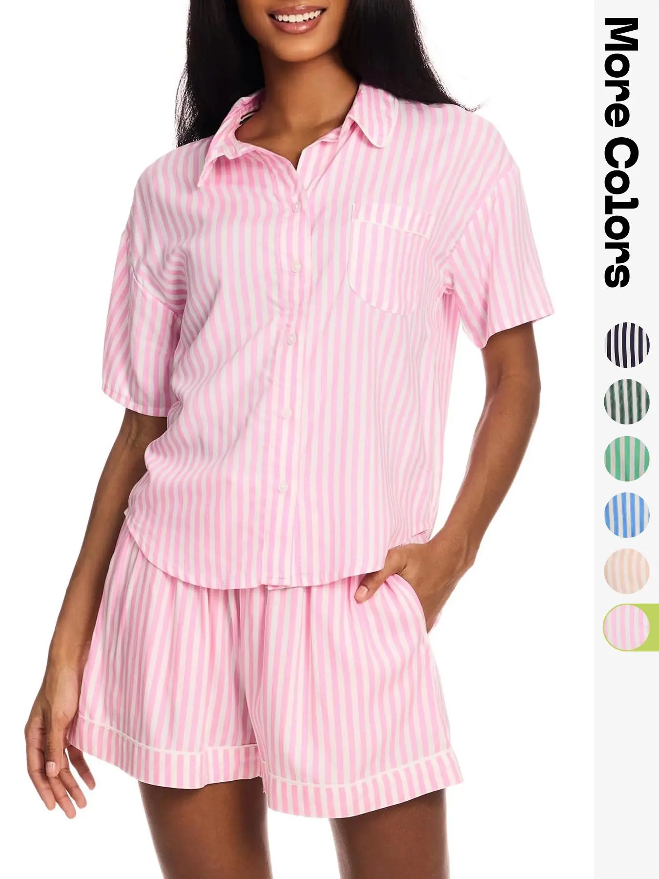 Women's Striped Print Button Front Shirt & Drawstring Waist Shorts Loungewear Two-Piece Set, Casual Comfy Short Sleeve Collared Top & Shorts PJ Set, Ladies Sleepwear for All Seasons