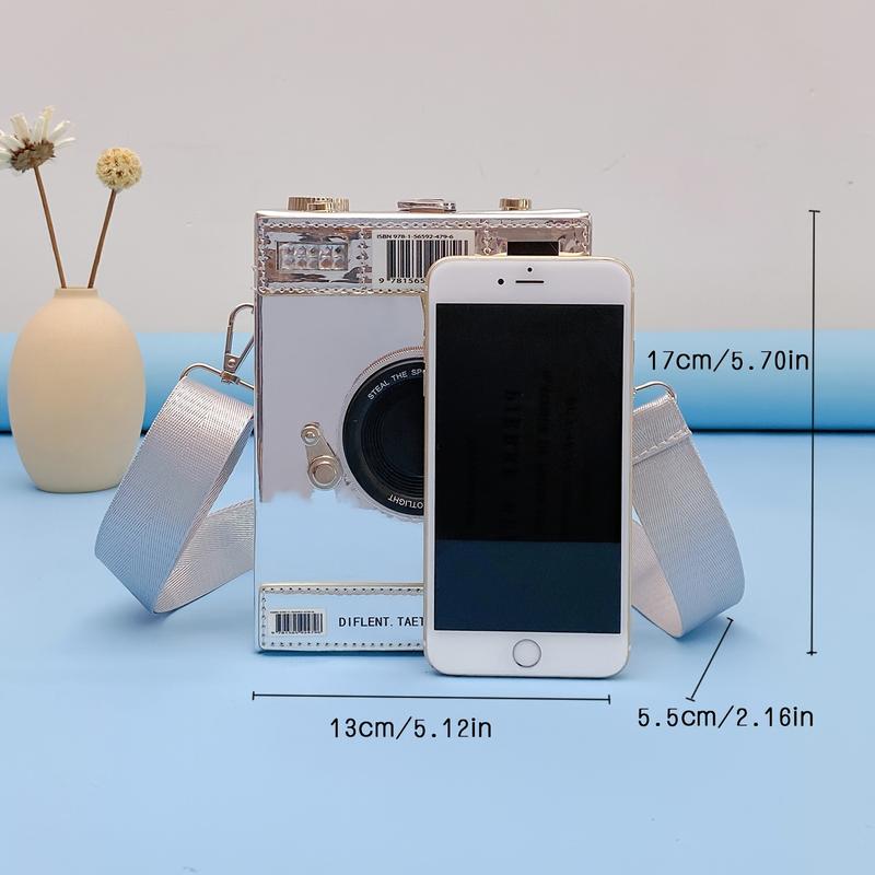 Product Introduction of Mini Camera Design Box Bag, Fashion Letter Patch Decor Crossbody Purse With Wide Strap 2