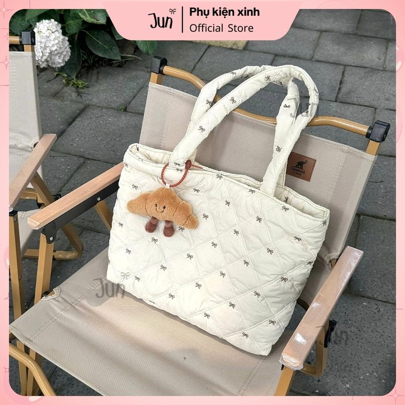 JunStore Túi Tote Nữ T16 Chần Bông Thêu Nơ Form Rộng Nhẹ Vải Cao Cấp Dài 40cm Cao 30cm Rộng 10cm Phù Hợp Đi Học Làm Du Lịch Màu Đa Dạng Siêu Xinh