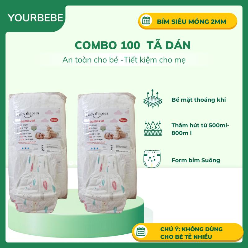 BỈM DÁN YOURBEBE 100 miếng cho bé Đủ size S Đến XL hàng mềm mỏng hút 500ml nước