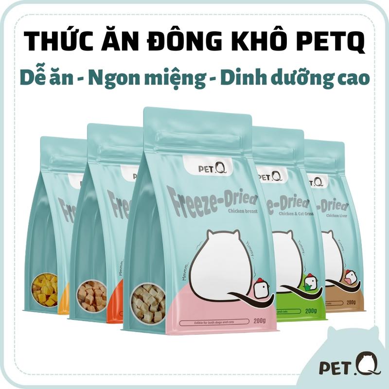 Thức ăn đông khô chó mèo PetQ, ức gà, ức gà cỏ mèo, lòng đỏ trứng gà, gan gà, thành phần tự nhiên, giàu dưỡng chất, dễ sử dụng, tạo cơ và sáng da, thức ăn cho thú cưng